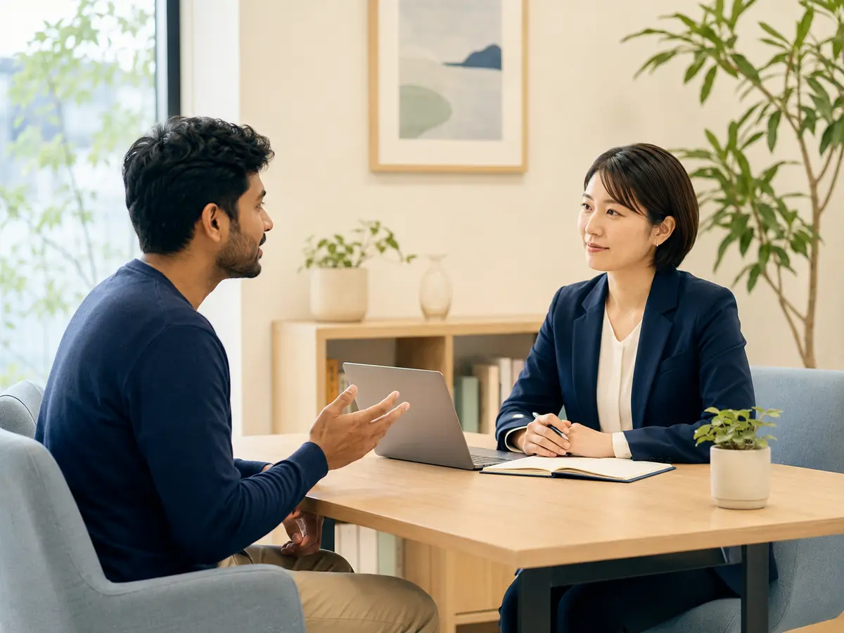 外国人の相談者の話を相談員が丁寧に聞いている様子